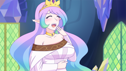 Size: 1280x720 | Tagged: safe, artist:jonfawkes, princess celestia, human, celestial advice, clothes, cute, cutelestia, elf ears, female, humanized, laughing, noblewoman's laugh, open mouth, scene interpretation, solo, twilight's castle