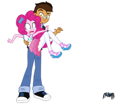 Size: 2280x1920 | Tagged: safe, artist:flipwix, derpibooru import, pinkie pie, oc, oc:copper plume, spider, star spider, equestria girls, equestria girls series, canon x oc, clothes, commission, commissioner:imperfectxiii, copperpie, cute, female, freckles, geode of sugar bombs, glasses, male, pantyhose, sandals, scared, shipping, simple background, skirt, skirt lift, straight, transparent background