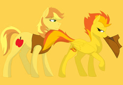 Size: 700x488 | Tagged: safe, artist:colourstrike, derpibooru import, braeburn, spitfire, earth pony, pegasus, pony, accessory theft, duo, female, male, mare, mouth hold, raised hoof, seduction, shipping, simple background, spitburn, stallion, straight, tail seduce, yellow background