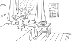 Size: 1200x675 | Tagged: safe, artist:treble clefé, sunset shimmer, eqg summertime shorts, equestria girls, monday blues, alarm clock, bed, breasts, clock, messy hair, monochrome, solo, sunset jiggler, sunset's apartment