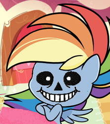 Size: 332x374 | Tagged: safe, derpibooru import, edit, edited screencap, screencap, rainbow dash, pegasus, pony, my little pony: pony life, blessed image, blursed image, cropped, crossed arms, cursed image, female, mare, sans (undertale), solo, undertale