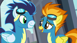 Size: 1280x720 | Tagged: safe, derpibooru import, screencap, soarin', spitfire, pegasus, pony, rarity investigates, clothes, eye contact, female, male, mare, stallion, uniform, wonderbolts uniform