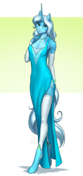 Size: 2242x4750 | Tagged: safe, artist:mykegreywolf, oc, oc only, oc:skybright bliss, anthro, unguligrade anthro, unicorn, absurd resolution, anthro oc, clothes, commission, dress, female, garters, horn, jewelry, long horn, mare, necklace, shoes, side slit, smiling, solo, stockings, tall, thigh highs