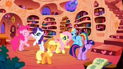 Size: 1280x720 | Tagged: safe, derpibooru import, screencap, applejack, fluttershy, pinkie pie, rainbow dash, rarity, twilight sparkle, unicorn twilight, earth pony, pegasus, pony, unicorn, the ticket master, book, female, golden oaks library, library, mane six, mare