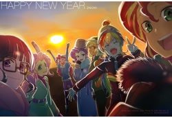 Size: 1378x948 | Tagged: safe, artist:5mmumm5, applejack, fluttershy, pinkie pie, rainbow dash, rarity, sci-twi, sunset shimmer, twilight sparkle, equestria girls, 2020, eyes closed, female, glasses, happy new year, happy new year 2020, holiday, humane five, humane seven, humane six, open mouth, peace sign