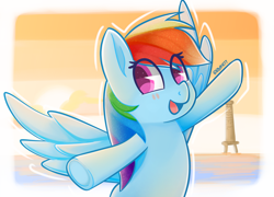 Size: 3200x2300 | Tagged: safe, artist:rivin177, derpibooru import, rainbow dash, pegasus, pony, arms in the air, blush sticker, blushing, cute, dashabetes, open mouth, sky, smiling, solo