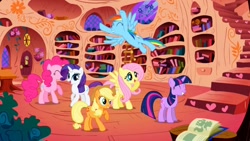 Size: 1280x720 | Tagged: safe, derpibooru import, screencap, applejack, fluttershy, pinkie pie, rainbow dash, rarity, twilight sparkle, unicorn twilight, earth pony, pegasus, pony, unicorn, the ticket master, book, female, golden oaks library, library, mane six, mare