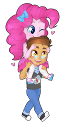Size: 1024x1877 | Tagged: safe, artist:seishinann, derpibooru import, pinkie pie, oc, oc:copper plume, better together, equestria girls, blushing, bow, canon x oc, chibi, clothes, commission, commissioner:imperfectxiii, converse, copperpie, cute, diapinkes, freckles, glasses, heart, neckerchief, one eye closed, pants, pantyhose, sandals, shirt, shoes, shoulder ride, simple background, skirt, smiling, sneakers, transparent background, watermark