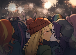 Size: 2200x1600 | Tagged: safe, artist:tcn1205, applejack, fluttershy, pinkie pie, rainbow dash, rarity, sci-twi, sunset shimmer, twilight sparkle, equestria girls, 2020, female, fireworks, happy new year, happy new year 2020, holiday, kissing, lesbian, rarijack, shipping