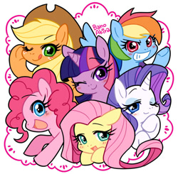 Size: 552x542 | Tagged: safe, artist:akira bano, derpibooru import, applejack, fluttershy, pinkie pie, rainbow dash, rarity, twilight sparkle, earth pony, pegasus, pony, unicorn, applejack's hat, blushing, bust, cowboy hat, cute, dashabetes, diapinkes, female, freckles, hat, jackabetes, mane six, mare, one eye closed, open mouth, portrait, profile, raribetes, shyabetes, smiling, stetson, tongue out, twiabetes, wink