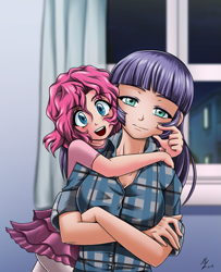 Size: 1543x1900 | Tagged: safe, artist:mauroz, derpibooru import, maud pie, pinkie pie, human, cheek pinch, clothes, crossed arms, curtain, cute, equestria amino, female, humanized, looking at you, open mouth, pantyhose, pie sisters, siblings, signature, sisters, skirt, smiling, window