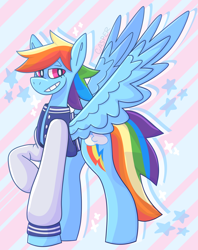 Size: 1540x1948 | Tagged: safe, artist:onyxmonarchy, derpibooru import, rainbow dash, pegasus, pony, clothes, jacket, solo, varsity jacket