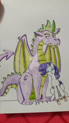 Size: 1024x1820 | Tagged: safe, artist:enmax33, rarity, spike, dragon, pony, unicorn, female, male, older, older spike, shipping, sparity, straight, traditional art, watermark, winged spike