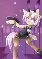 Size: 1450x2048 | Tagged: safe, artist:toki, derpibooru import, oc, oc only, semi-anthro, unicorn, bunny ears, clothes, drink, female, mare, pantyhose, platter, serving tray, solo, waitress