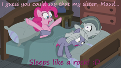 Size: 1280x720 | Tagged: safe, edit, edited screencap, screencap, limestone pie, marble pie, maud pie, pinkie pie, earth pony, pony, hearthbreakers, bed, female, frown, mare, on side, open mouth, pie family home, pink text, pun, purple text, screaming, smiling, text, wide eyes