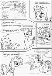 Size: 1044x1523 | Tagged: safe, artist:write-animate-design, derpibooru import, rarity, spike, twilight sparkle, dragon, pony, unicorn, anotherponyhorseshoe, blenderguy, comic book, monochrome