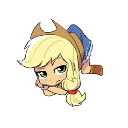 Size: 500x500 | Tagged: dead source, safe, artist:baekgup, applejack, equestria girls, blushing, chibi, clothes, crossed arms, cute, denim skirt, jackabetes, raised eyebrow, skirt, skirt lift, skirt pull, solo, suspended, unamused