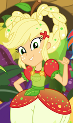 Size: 644x1080 | Tagged: safe, derpibooru import, screencap, applejack, rainbow dash, better together, equestria girls, holidays unwrapped, clothes, cornucopia costumes, costume, cropped, cute, female, jackabetes, looking at you, o come all ye squashful, offscreen character, pointing at self, solo focus