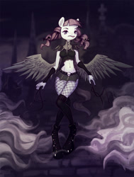 Size: 906x1200 | Tagged: safe, artist:oneofyouare, derpibooru import, inky rose, anthro, pegasus, unguligrade anthro, belly button, belt, boots, busty inky rose, celtic cross, clothes, collar, detached sleeves, female, fishnet stockings, graveyard, kneesocks, lipstick, midriff, miniskirt, pantyhose, pigtails, plaid skirt, shoes, skirt, skull, socks, solo, wings