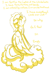 Size: 2647x3893 | Tagged: safe, artist:dracojayproduct, derpibooru import, spitfire, pegasus, pony, cloud, crying, depression, dialogue, female, floppy ears, goggles, hooves, mare, monochrome, on a cloud, sitting on cloud, solo, wings