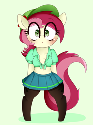 Size: 2600x3500 | Tagged: safe, artist:fullmetalpikmin, derpibooru import, roseluck, earth pony, semi-anthro, belly button, bipedal, blushing, chest fluff, clothes, cute, female, hat, mare, midriff, pantyhose, pleated skirt, shirt, skirt, solo