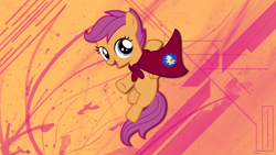 Size: 2560x1440 | Tagged: safe, artist:ahumeniy, artist:huskyfan, derpibooru import, scootaloo, cape, clothes, cmc cape, emblem, solo, vector, wallpaper