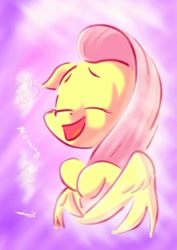 Size: 1024x1449 | Tagged: safe, artist:freeedon, fluttershy, pegasus, pony, bust, eyes closed, female, floppy ears, mare, open mouth, smiling, solo, three quarter view, wings