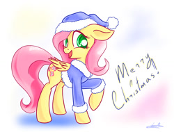 Size: 1024x778 | Tagged: safe, artist:freeedon, fluttershy, pegasus, pony, christmas, clothes, coat, cute, female, floppy ears, folded wings, hat, head turn, looking at you, mare, merry christmas, open mouth, raised hoof, shyabetes, simple background, smiling, solo, standing, white background, wings, winter coat, winter hat, winter outfit