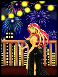 Size: 1500x2000 | Tagged: safe, artist:albertbm, sunset shimmer, equestria girls, bracelet, breasts, champagne, champagne glass, city, cleavage, clothes, dress, ear piercing, earring, elegant, fireworks, jewelry, light, piercing, sexy, side slit, skyline, sleeveless, strapless, stupid sexy sunset shimmer, sunset jiggler