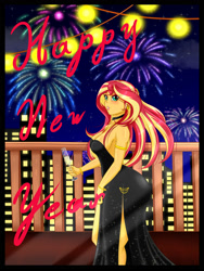 Size: 1500x2000 | Tagged: safe, alternate version, artist:albertbm, sunset shimmer, equestria girls, 2020, breasts, champagne, champagne glass, city, cleavage, clothes, dress, elegant, fireworks, happy new year, happy new year 2020, holiday, light, sexy, side slit, skyline, sleeveless, strapless, stupid sexy sunset shimmer, sunset jiggler, text