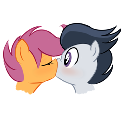 Size: 1024x1024 | Tagged: source needed, safe, artist:sunibee, rumble, scootaloo, blushing, boop, bust, cute, eyes closed, female, kissing, love, male, nose wrinkle, noseboop, portrait, profile, rumbloo, shipping, straight, surprise kiss, surprised, wide eyes