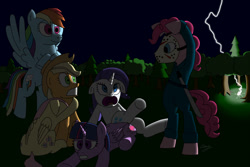 Size: 1024x683 | Tagged: safe, artist:endertony, derpibooru import, applejack, fluttershy, pinkie pie, rainbow dash, rarity, twilight sparkle, twilight sparkle (alicorn), alicorn, earth pony, pegasus, pony, unicorn, bipedal, clothes, female, friday the 13th, jason voorhees, lightning, mane six, mare, mask, night, scared, sword, weapon