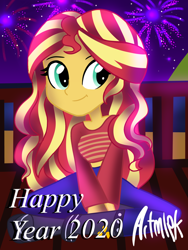 Size: 1536x2048 | Tagged: safe, artist:artmlpk, sunset shimmer, equestria girls, clothes, cute, fireworks, holiday, midriff, new year, new years eve, shimmerbetes, short shirt, solo