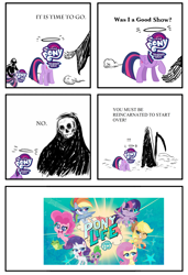 Size: 2000x2916 | Tagged: safe, derpibooru import, edit, screencap, applejack, fluttershy, gummy, pinkie pie, rainbow dash, rarity, spike, twilight sparkle, alicorn, dragon, earth pony, pegasus, pony, unicorn, my little pony: pony life, bone, comic, grim reaper, it's time to go, meme, reincarnation, simple background, skeleton