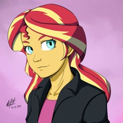 Size: 1024x1024 | Tagged: safe, artist:nlhetfield, sunset shimmer, equestria girls, bust, clothes, gradient background, jacket, leather jacket, portrait, shirt, signature, smiling, solo