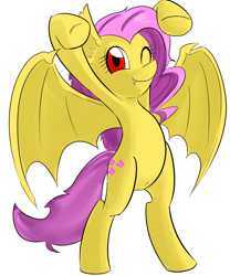 Size: 1000x1200 | Tagged: safe, artist:汚自慰, fluttershy, bat pony, pony, bipedal, clothes, costume, fangs, flutterbat, pixiv, raised hoof, simple background, solo, white background, wink