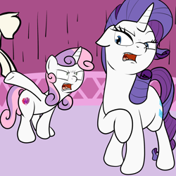 Size: 2500x2500 | Tagged: safe, artist:bennimarru, derpibooru exclusive, rarity, sweetie belle, pony, unicorn, angry, argument, carousel boutique, cutie mark, fight, mannequin, siblings, the cmc's cutie marks