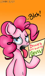 Size: 590x1000 | Tagged: safe, artist:lennonblack, pinkie pie, earth pony, pony, belly button, bipedal, mouthpiece, parody fail, poe's law, satire, sign, solo