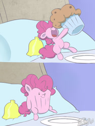 Size: 1200x1600 | Tagged: safe, artist:failprofile, pinkie pie, earth pony, pony, bell, cute, diapinkes, food, hilarious in hindsight, muffin, ponk, puss gets the boot, solo, tom and jerry