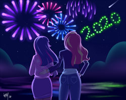 Size: 1500x1192 | Tagged: safe, artist:emberfan11, sunset shimmer, twilight sparkle, human, 2020, female, fireworks, happy new year, happy new year 2020, holiday, humanized, lesbian, shipping, sunsetsparkle