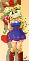 Size: 645x1321 | Tagged: safe, artist:the-butch-x, applejack, equestria girls, apple, armpits, bare shoulders, beautiful, beautiful x, boots, bracelet, breasts, clothes, cowboy boots, cute, dress, eating, fall formal outfits, female, hand on hip, jackabetes, jewelry, sleeveless, smiling, solo, strapless