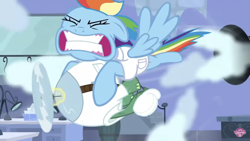 Size: 1334x750 | Tagged: safe, derpibooru import, screencap, rainbow dash, tank, pegasus, pony, tanks for the memories, teeth, weather factory, weather factory uniform