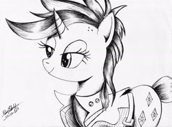 Size: 2238x1651 | Tagged: safe, artist:3500joel, rarity, pony, unicorn, it isn't the mane thing about you, alternate hairstyle, clothes, female, mare, monochrome, punk, raripunk, signature, solo, traditional art