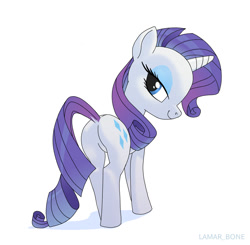 Size: 1257x1231 | Tagged: safe, artist:lamar_bone, rarity, pony, unicorn, female, looking at you, looking back, looking back at you, plot, rearity, seductive, simple background, solo, white background