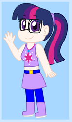 Size: 838x1418 | Tagged: safe, artist:geekcoffee, derpibooru import, twilight sparkle, human, alternate hairstyle, belly button, belt, blue background, boots, chibi, clothes, cute, female, glasses, humanized, jewelry, leggings, midriff, necklace, pantyhose, ponytail, shoes, simple background, skirt, solo, tanktop