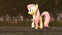 Size: 3000x1687 | Tagged: safe, artist:navadude, fluttershy, owl, pegasus, pony, 3d, fence, pathway, solo, source filmmaker