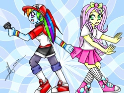 Size: 1024x768 | Tagged: safe, artist:lacie-buncat, derpibooru import, fluttershy, rainbow dash, equestria girls, caught, clothes, converse, dragging, female, flashlight (object), hat, leggings, miniskirt, pleated skirt, ponytail, running, running in place, scared, shoes, shorts, skirt, skirt pull, sneakers, socks