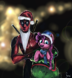 Size: 2768x3000 | Tagged: safe, artist:nemo2d, pinkie pie, earth pony, pony, bag, crossover, deadpool, hat, marvel comics, santa beard, santa hat