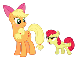 Size: 2480x1962 | Tagged: dead source, safe, artist:comfydove, apple bloom, applejack, earth pony, pony, accessory theft, apple bloom's bow, blushing, simple background, transparent background, vector