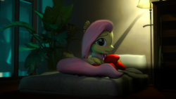 Size: 1024x576 | Tagged: safe, artist:skyofffrunki, fluttershy, pegasus, pony, 3d, bed, clothes, light, looking at you, shadow, socks, source filmmaker